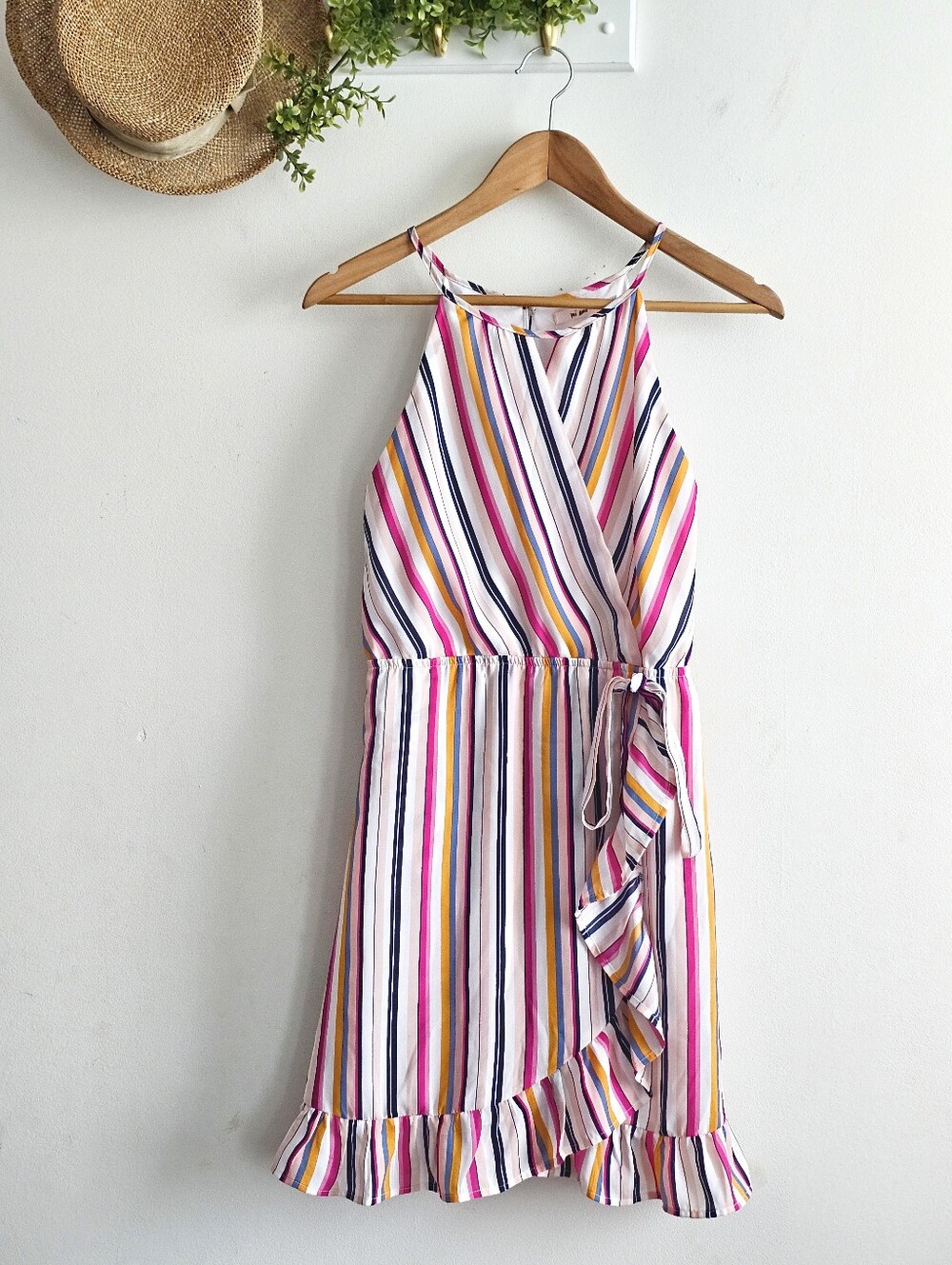 Mi Ami Bello R30 Striped Wrap Ruffle Halter Dress Multicolor Size Small
